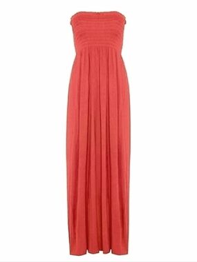 Long Strapless Coral Pink Maxi Dress Floor Length Smocked Bust Stretchy Knit M